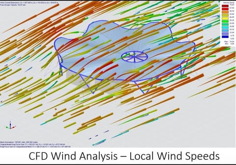 CFD wind analysis showing local wind speeds across a tensile canopy